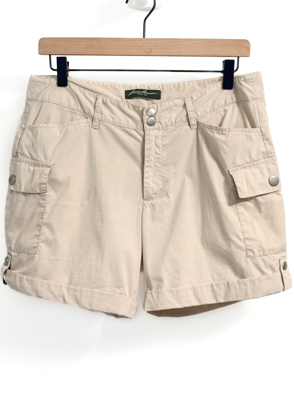 Eddie Bauer Utility Cargo Shorts Women’s 6 Khaki Stretch Roll Tab